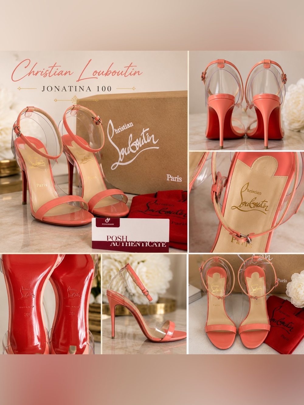 Christian Louboutin Jonatina 100 Patent PVC Coral Sandals EU 39 NIB